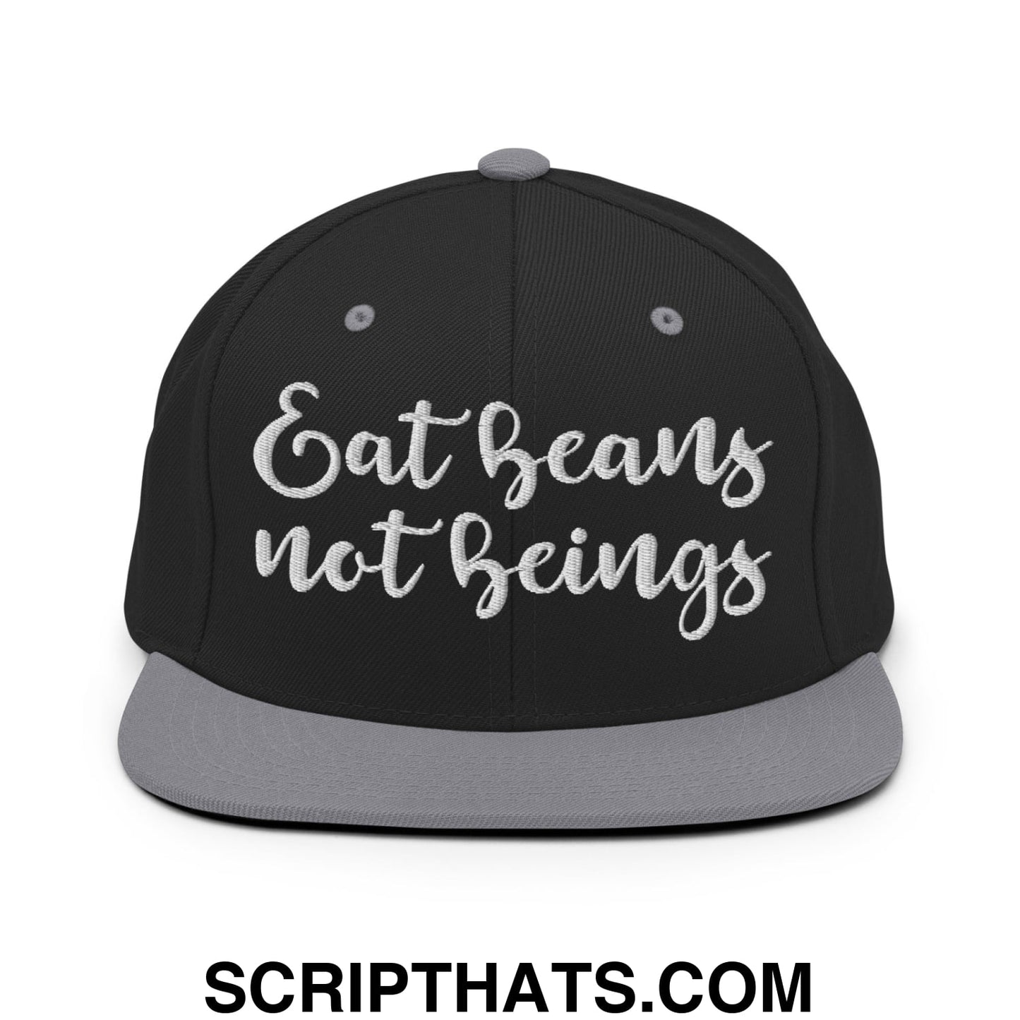 Eat Beans not Beings Embroidered Flat Bill Brim Snapback Hat Black Silver