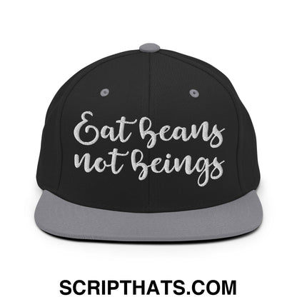Eat Beans not Beings Embroidered Flat Bill Brim Snapback Hat Black Silver