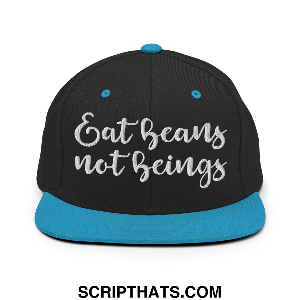 Black snapback hat with teal brim and silver embroidered eat beans not beings text flat bill brim design