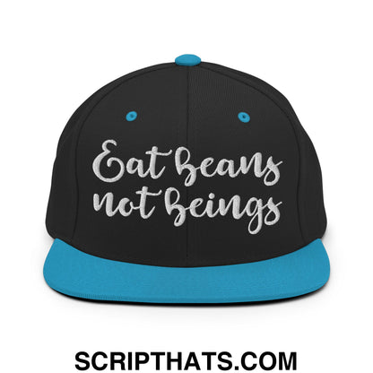 Eat Beans not Beings Embroidered Flat Bill Brim Snapback Hat Black Teal