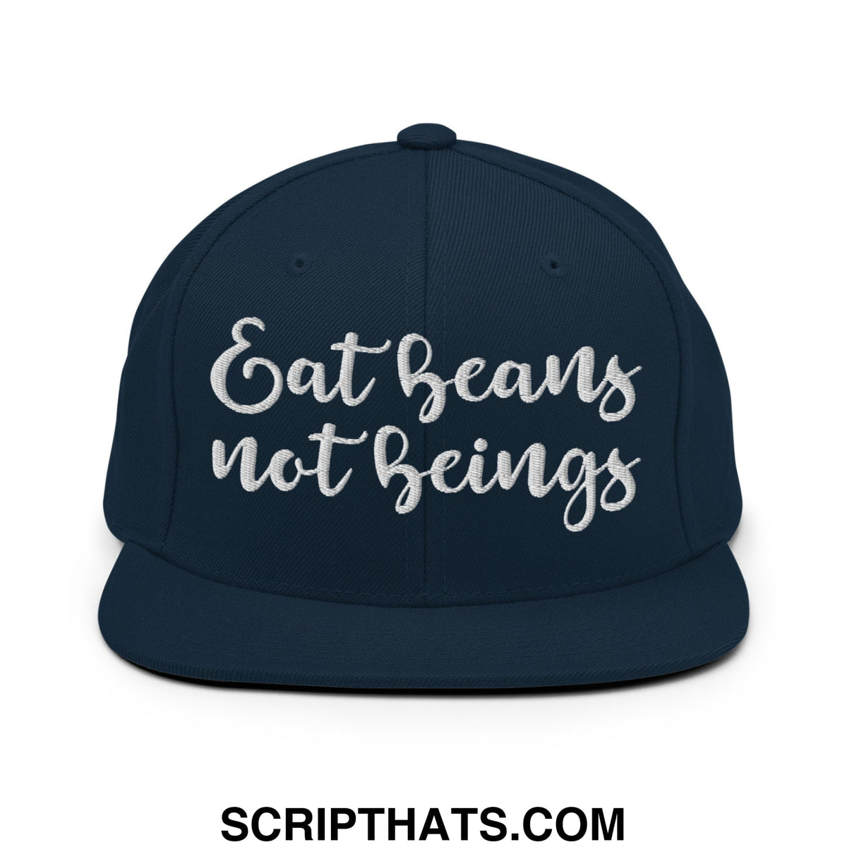 Navy blue flat bill snapback hat with white embroidered eat beans not beings script on front panel