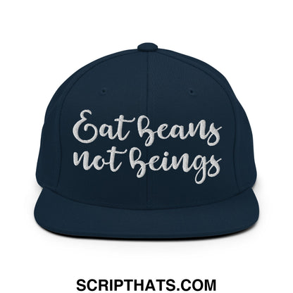 Navy blue flat bill snapback hat with white embroidered eat beans not beings script on front panel