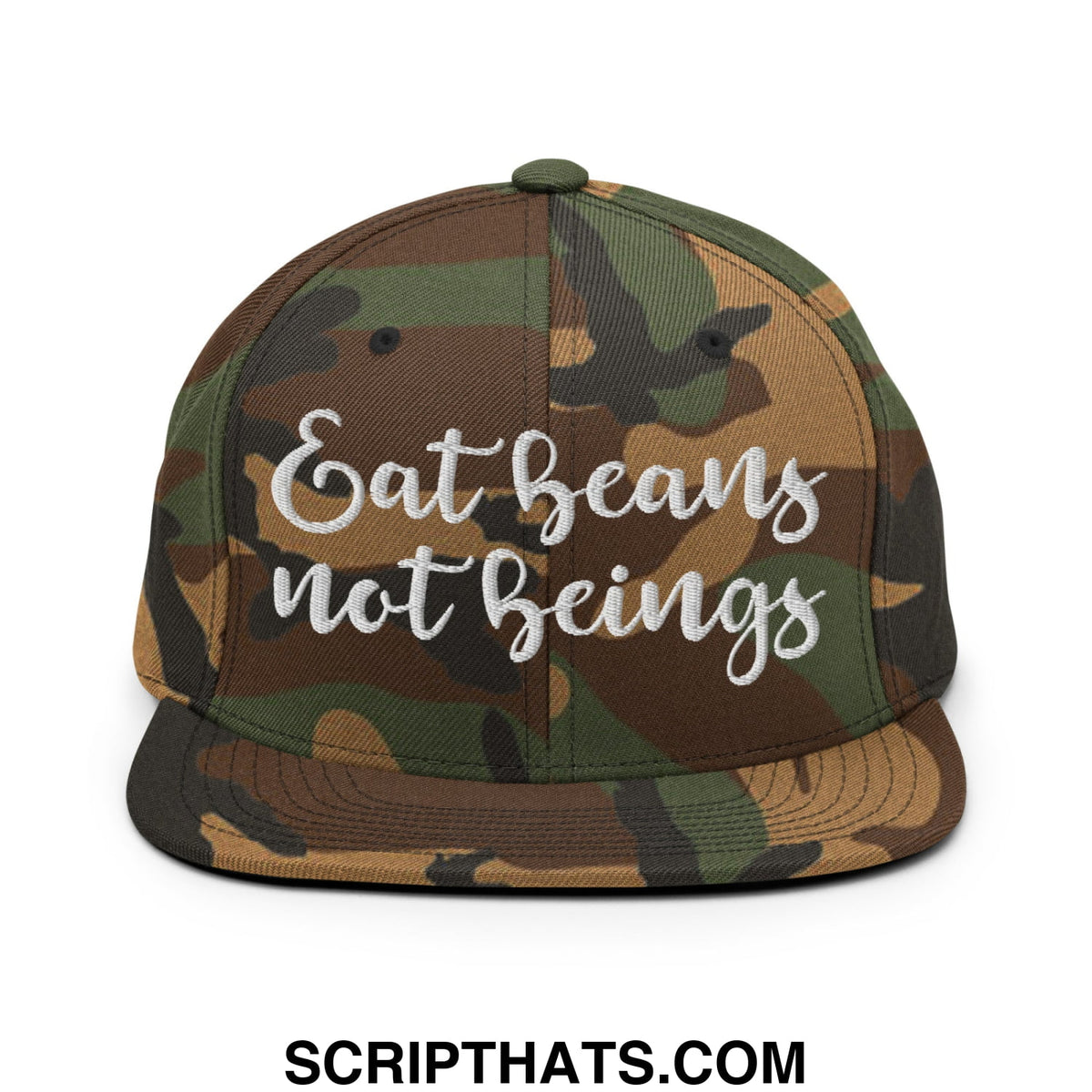 A camouflage flat bill snapback hat with white embroidered eat beans not beings text on the front panel