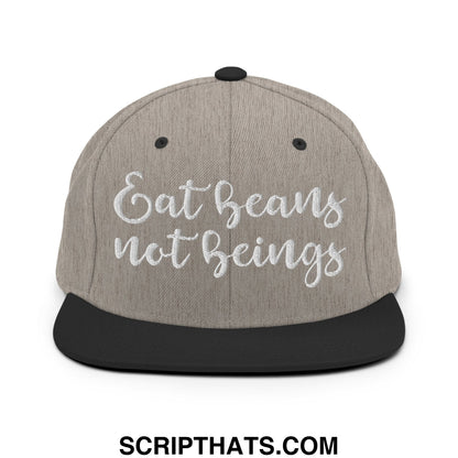 Gray snapback hat with black brim and embroidered white text eat beans not beings flat bill brim style