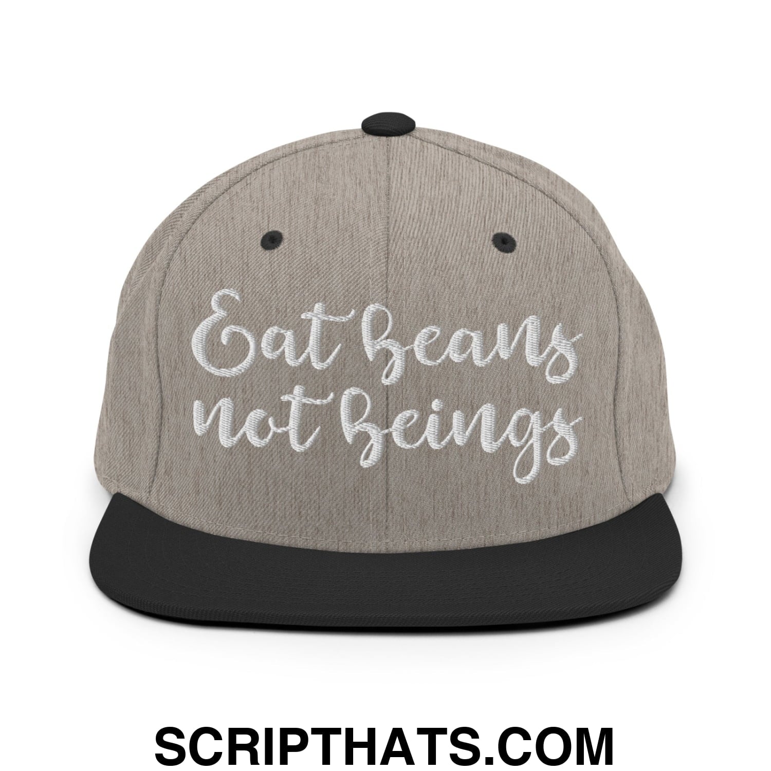 Eat Beans not Beings Embroidered Flat Bill Brim Snapback Hat Heather Black
