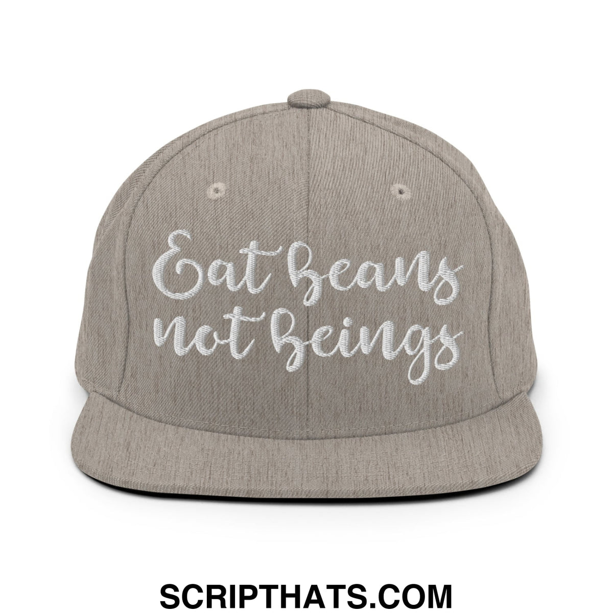 Gray snapback hat with white embroidered eat beans not beings text and flat bill brim for casual wear