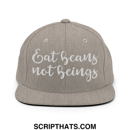 Gray snapback hat with white embroidered eat beans not beings text and flat bill brim for casual wear