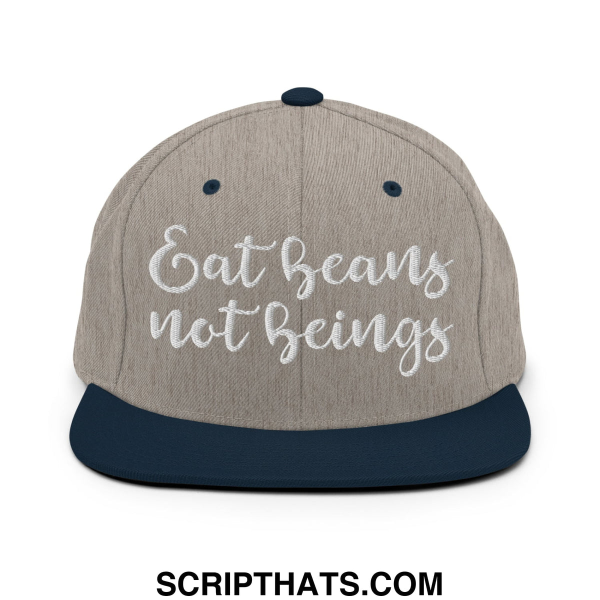 Beige and navy blue embroidered flat bill snapback hat with white eat beans not beings text for casual wear