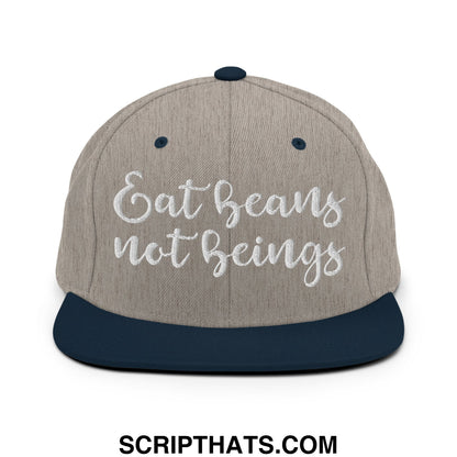 Beige and navy blue embroidered flat bill snapback hat with white eat beans not beings text for casual wear
