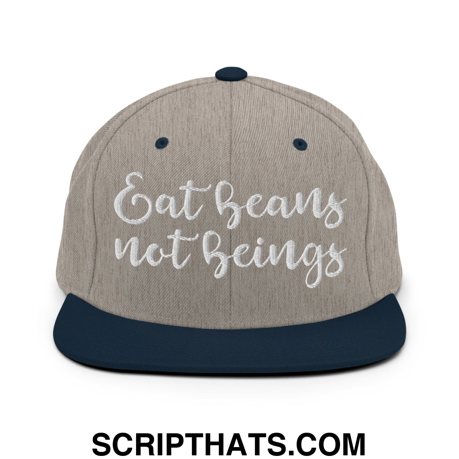 Eat Beans not Beings Embroidered Flat Bill Brim Snapback Hat Heather Grey Navy