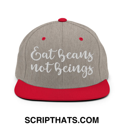 Eat Beans not Beings Embroidered Flat Bill Brim Snapback Hat Heather Grey Red