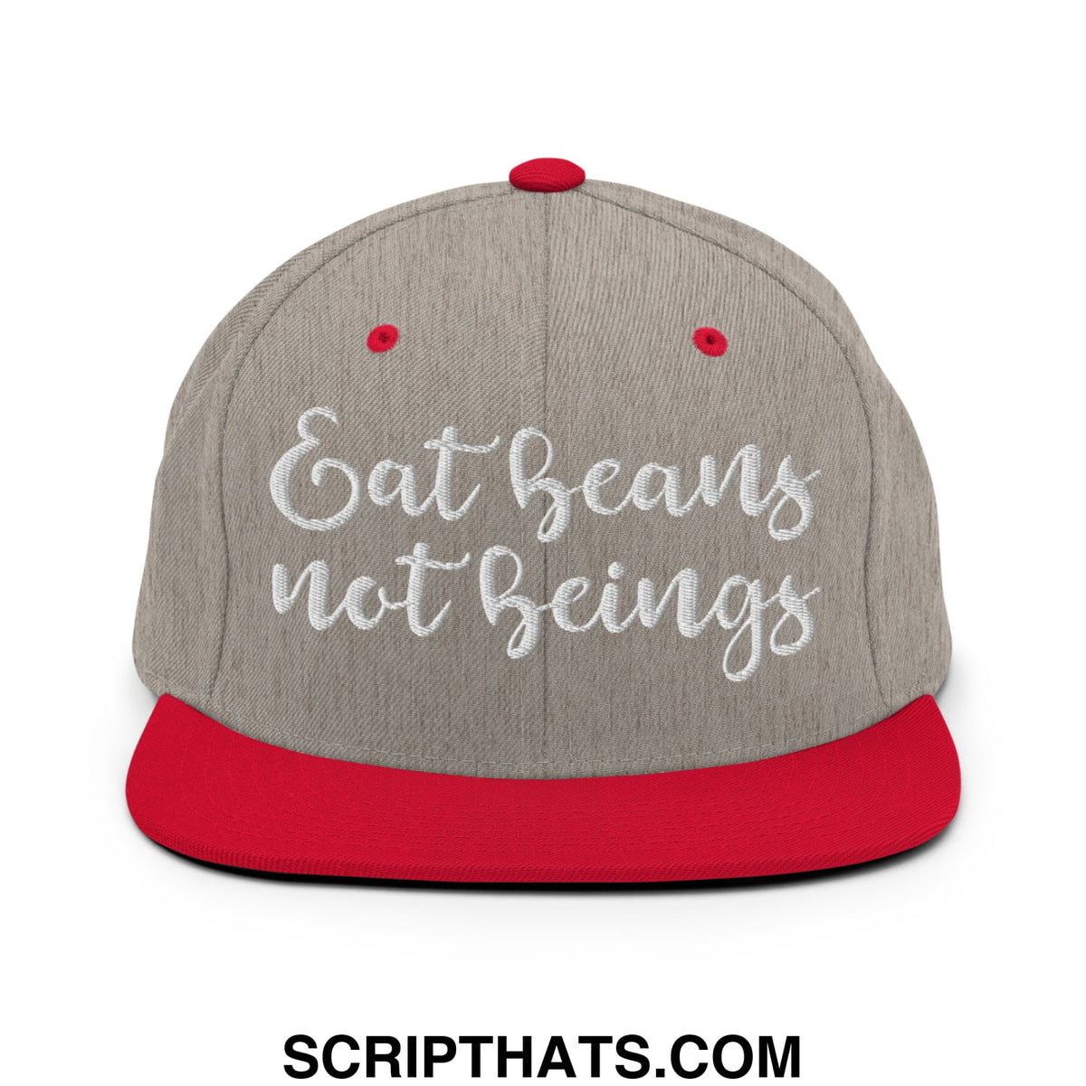 Gray and red snapback cap with white embroidered text eat beans not beings flat bill brim design