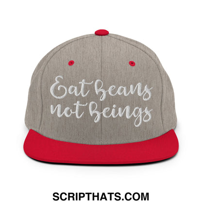 Gray and red snapback cap with white embroidered text eat beans not beings flat bill brim design
