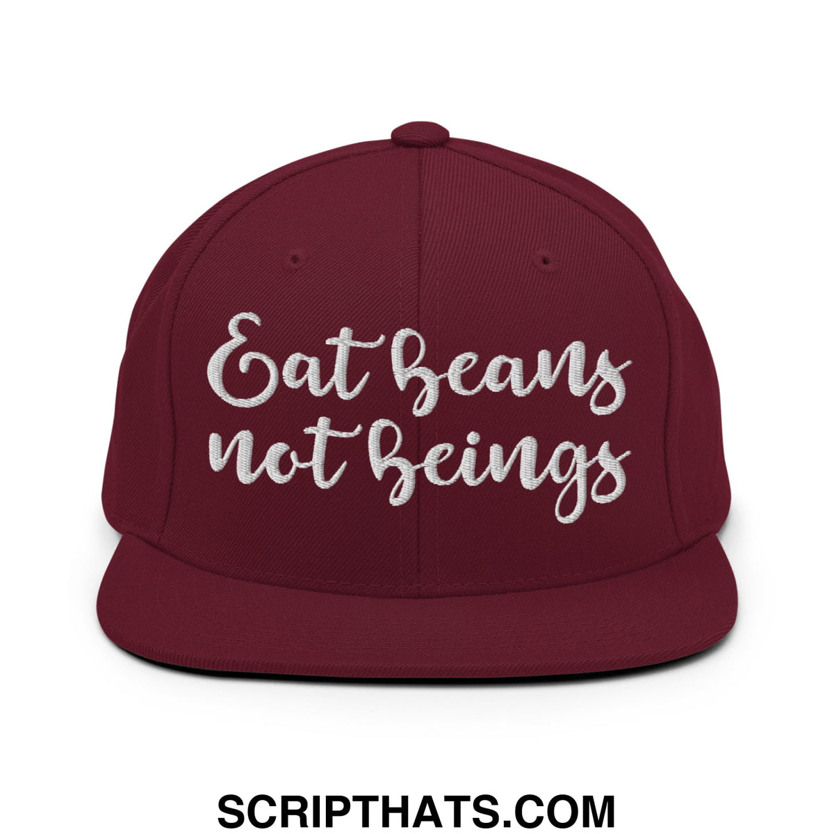 Maroon flat bill brim snapback hat with white embroidered eat beans not beings script for casual wear