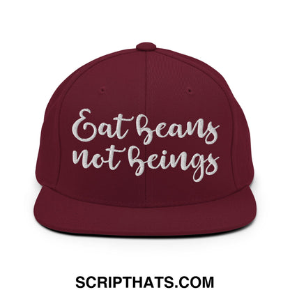 Maroon flat bill brim snapback hat with white embroidered eat beans not beings script for casual wear