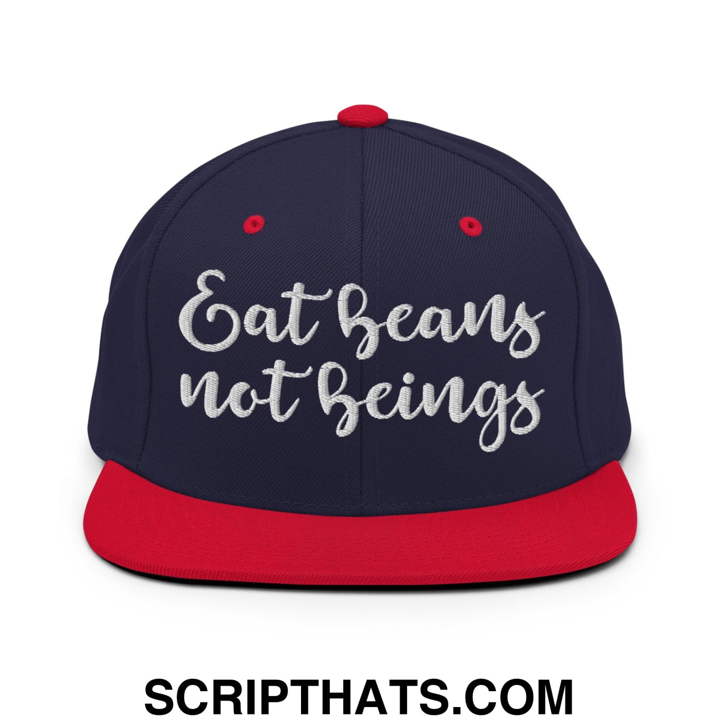 Eat Beans not Beings Embroidered Flat Bill Brim Snapback Hat Navy Red