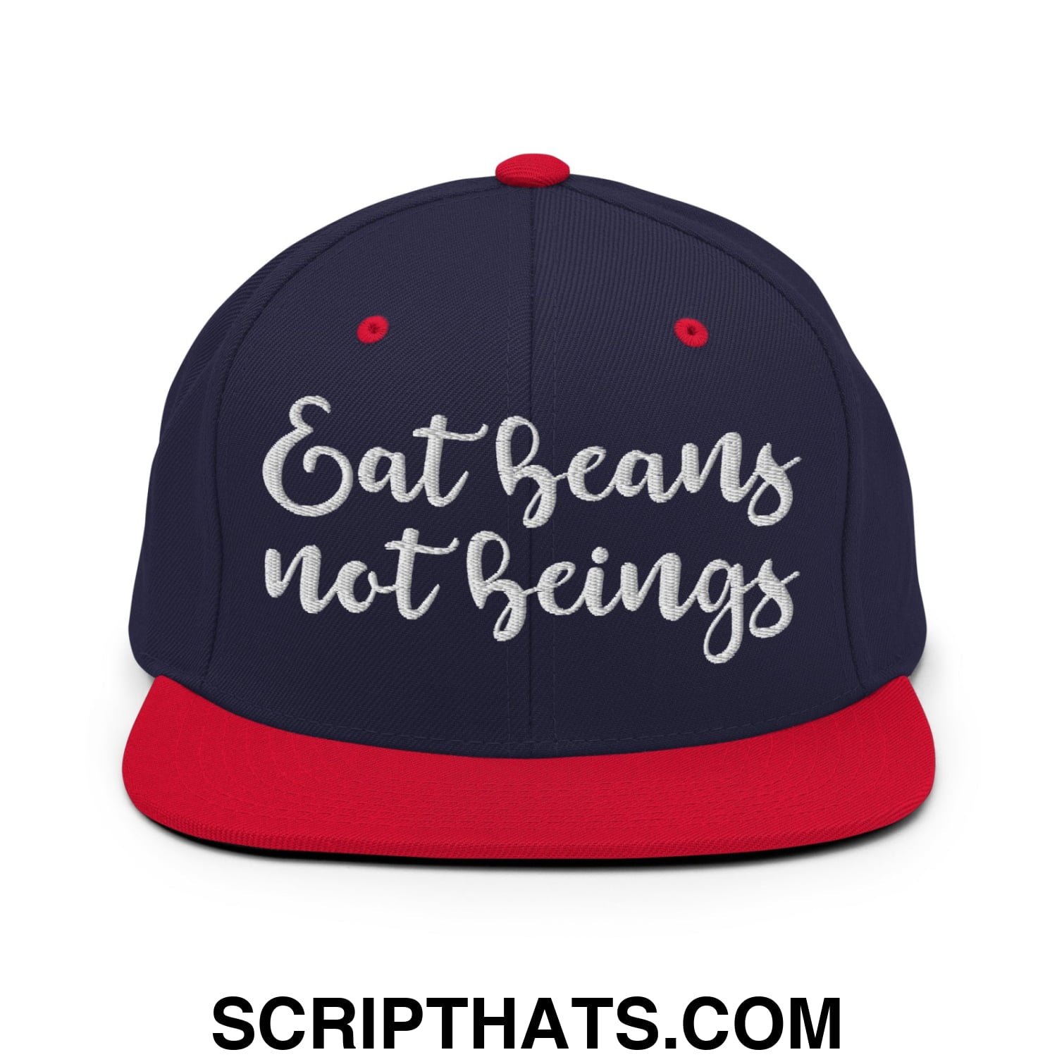 Eat Beans not Beings Embroidered Flat Bill Brim Snapback Hat Navy Red