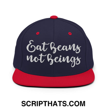 Eat Beans not Beings Embroidered Flat Bill Brim Snapback Hat Navy Red
