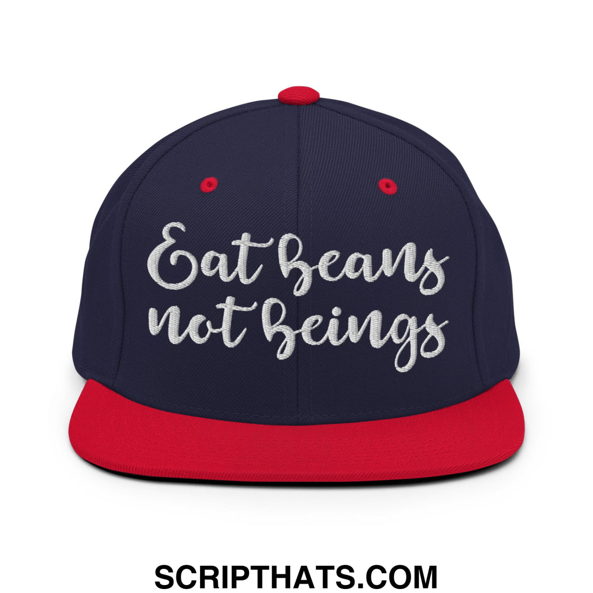 Navy blue snapback hat with red brim and button featuring white embroidered eat beans not beings text