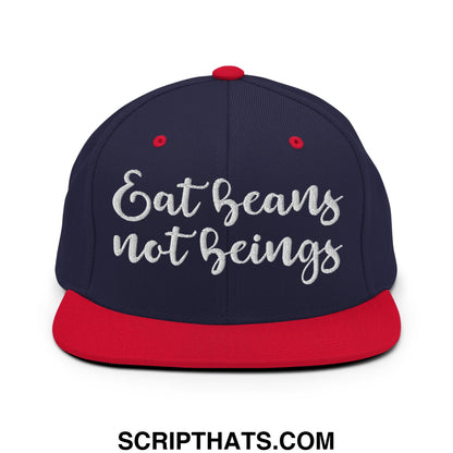 Navy blue snapback hat with red brim and button featuring white embroidered eat beans not beings text