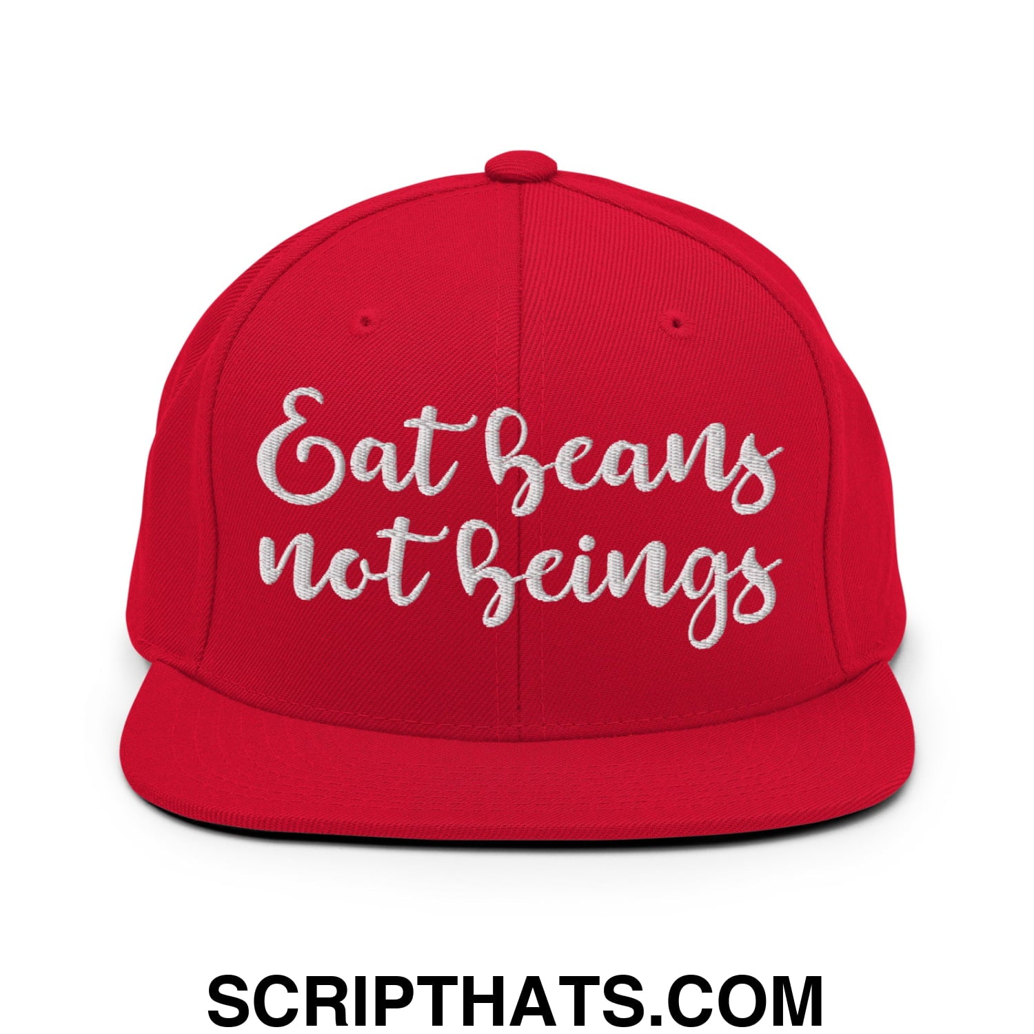 Eat Beans not Beings Embroidered Flat Bill Brim Snapback Hat Red
