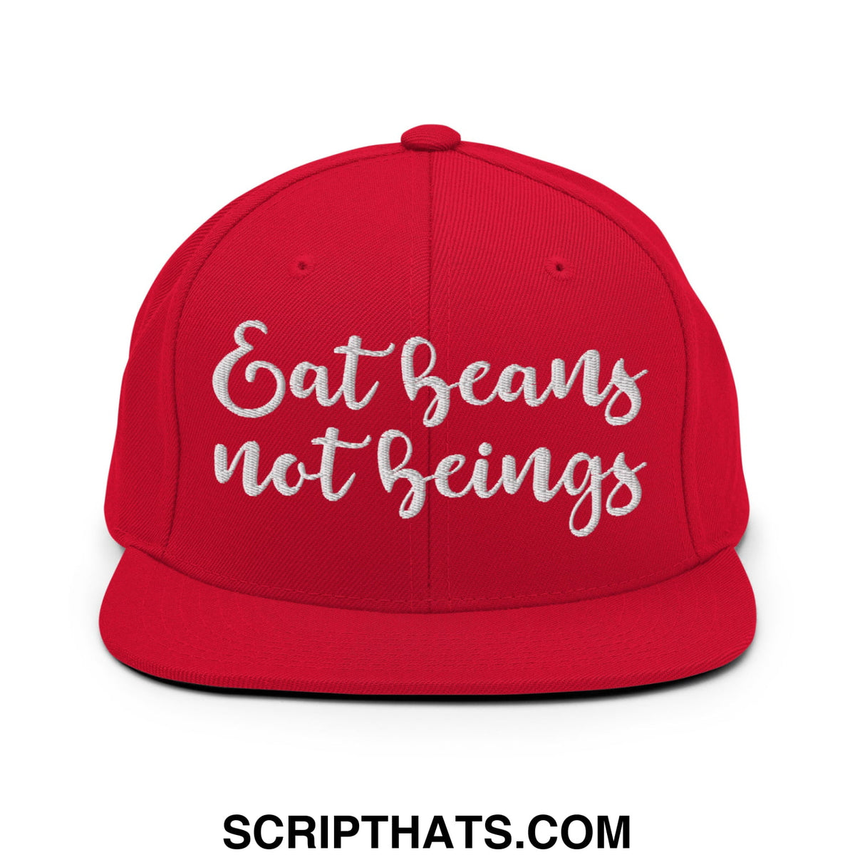 Red snapback cap with white embroidered eat beans not beings script and flat bill brim for casual wear