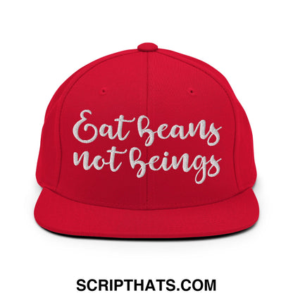 Red snapback cap with white embroidered eat beans not beings script and flat bill brim for casual wear