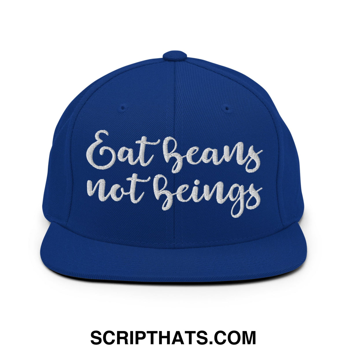 Royal blue snapback hat with white embroidered eat beans not beings script and flat bill brim design