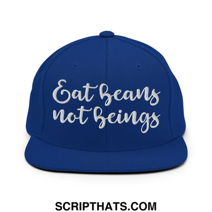 Royal blue snapback hat with white embroidered eat beans not beings script and flat bill brim design