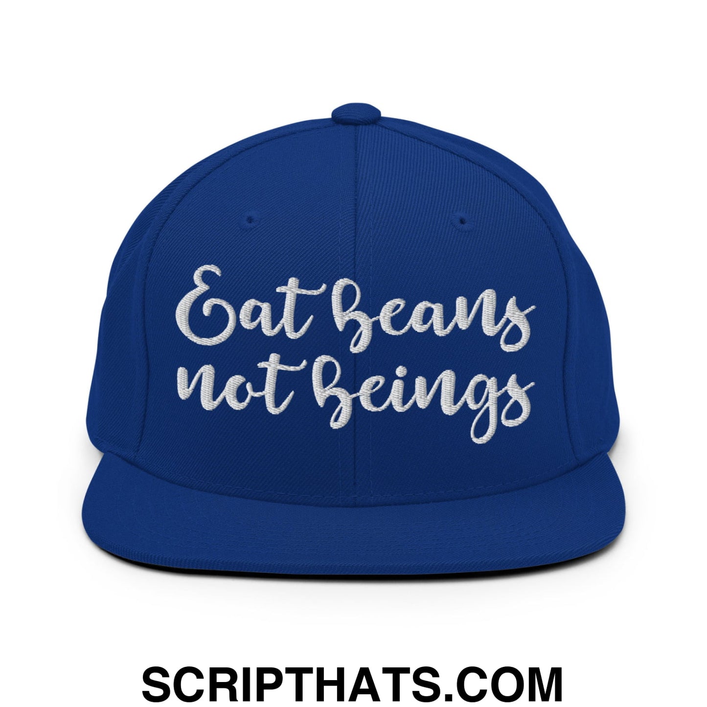 Eat Beans not Beings Embroidered Flat Bill Brim Snapback Hat Royal Blue