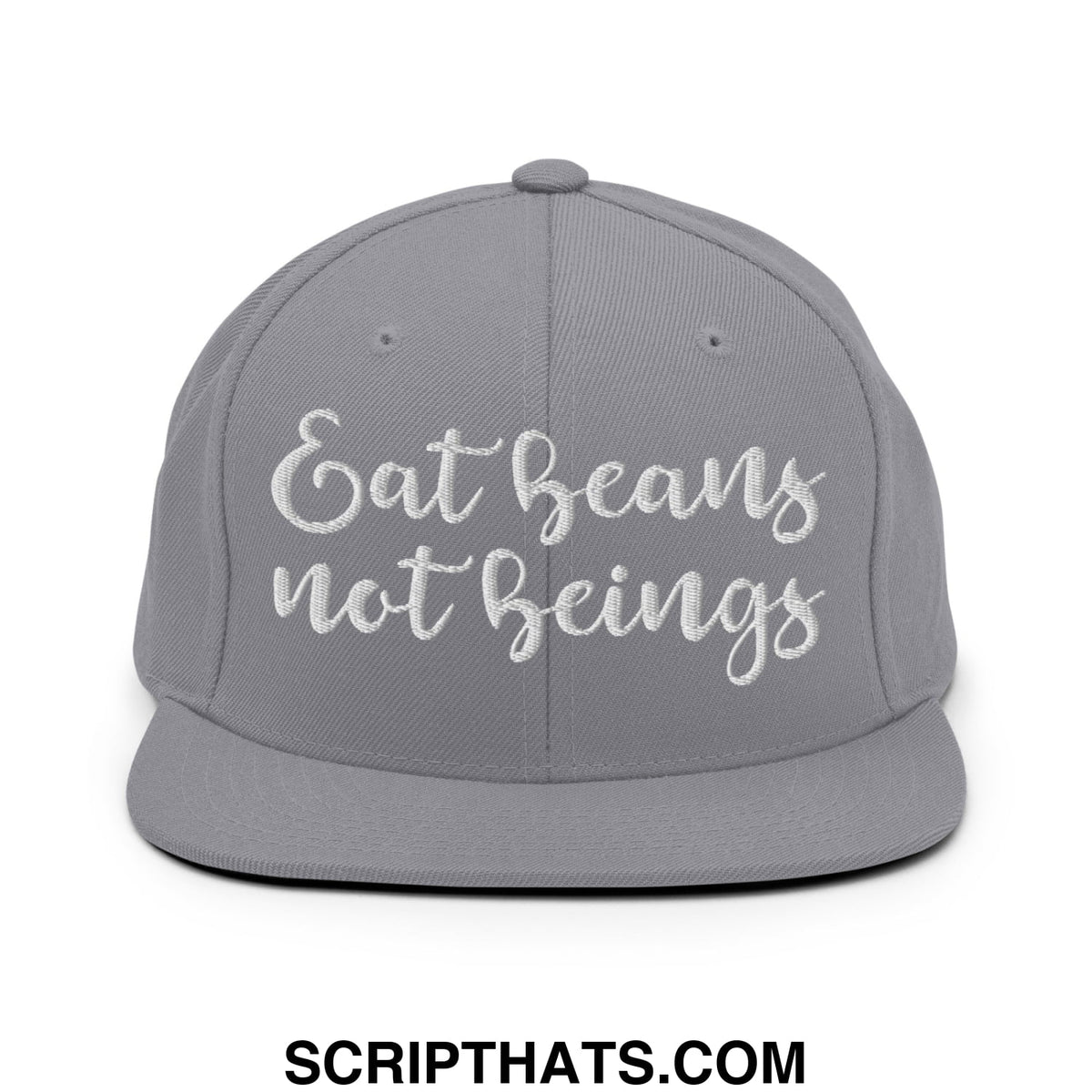 Gray snapback hat with white embroidered eat beans not beings script on flat bill brim for casual wear