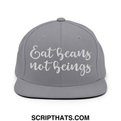 Gray snapback hat with white embroidered eat beans not beings script on flat bill brim for casual wear