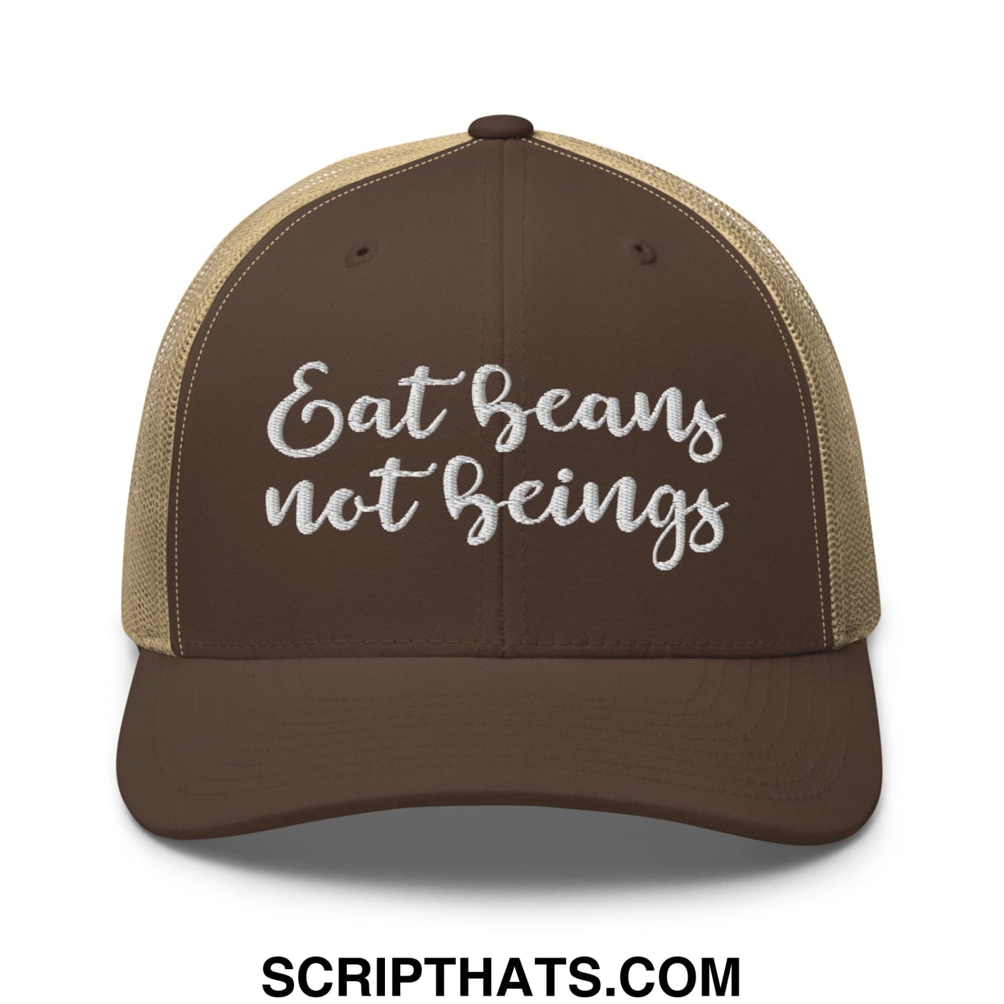 Eat Beans not Beings Embroidered Mesh Trucker Hat Brown Khaki