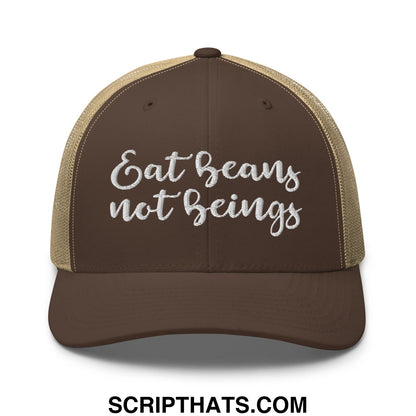 Eat Beans not Beings Embroidered Mesh Trucker Hat Brown Khaki