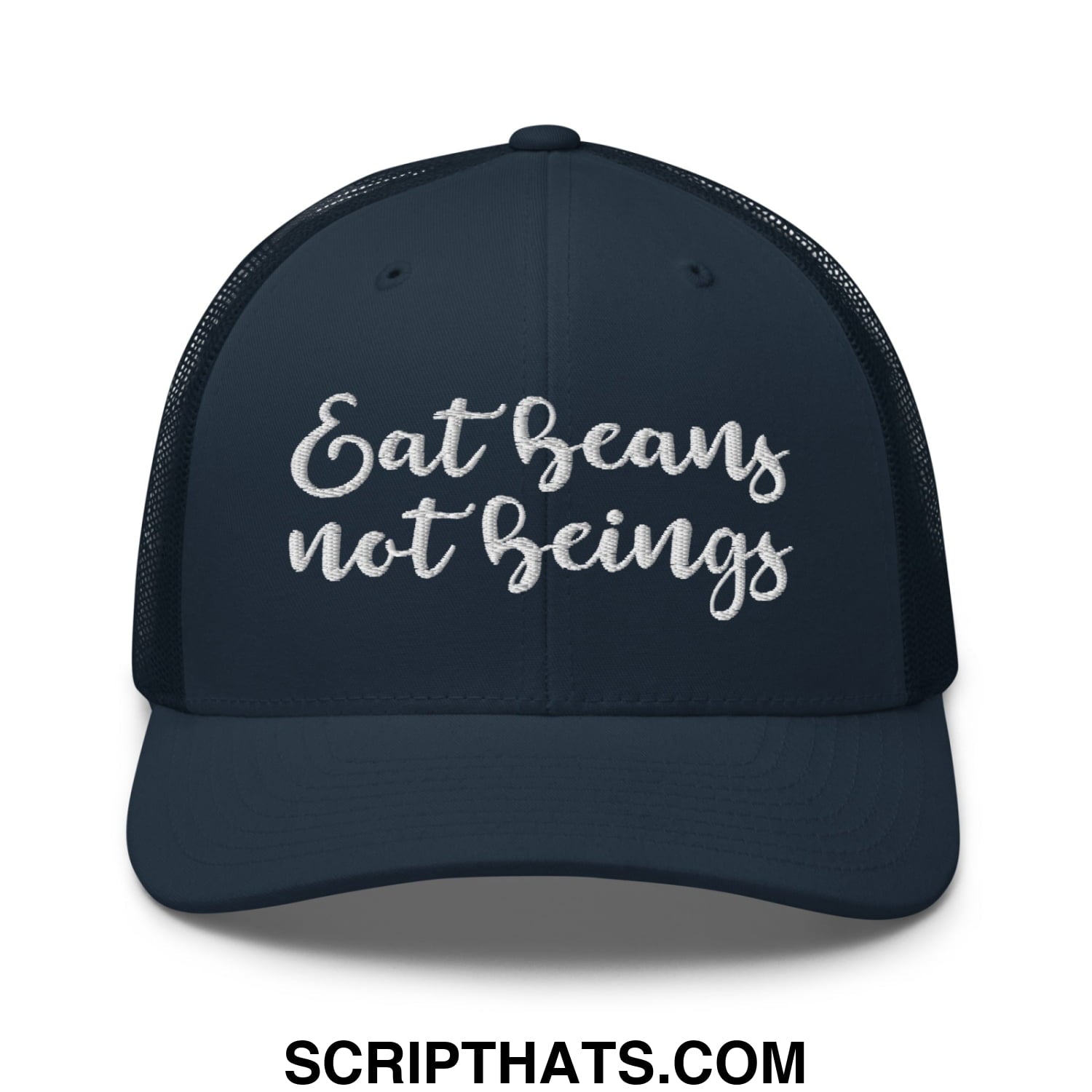 Eat Beans not Beings Embroidered Mesh Trucker Hat Navy