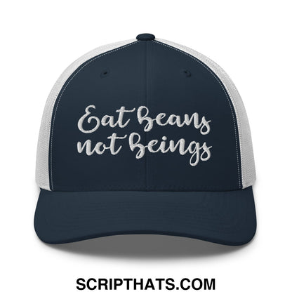 Eat Beans not Beings Embroidered Mesh Trucker Hat Navy White