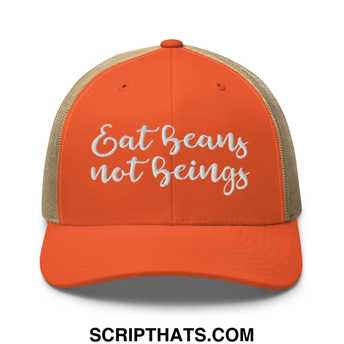 Eat Beans not Beings Embroidered Mesh Trucker Hat Rustic Orange Khaki