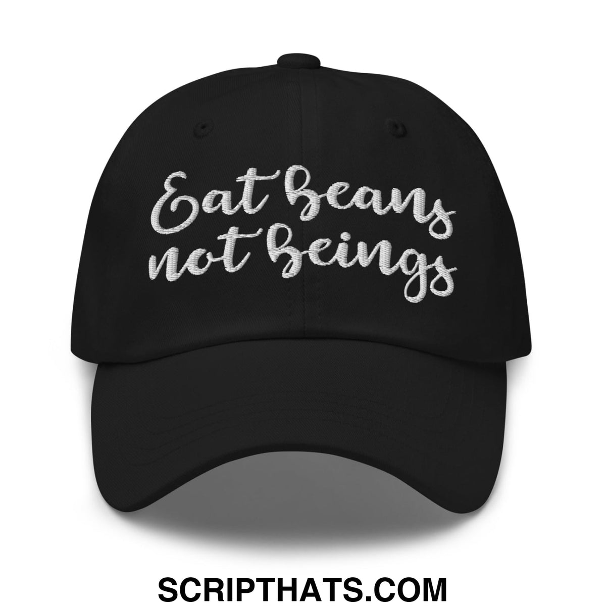Black unstructured dad hat with white embroidered eat beans not beings script for casual wear