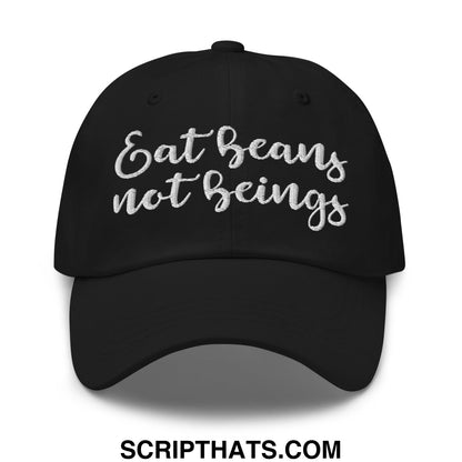 Black unstructured dad hat with white embroidered eat beans not beings script for casual wear