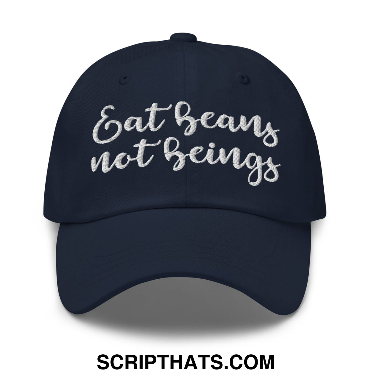 Navy blue unstructured dad hat with white embroidered eat beans not beings script for casual wear