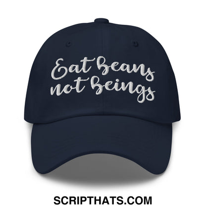 Navy blue unstructured dad hat with white embroidered eat beans not beings script for casual wear