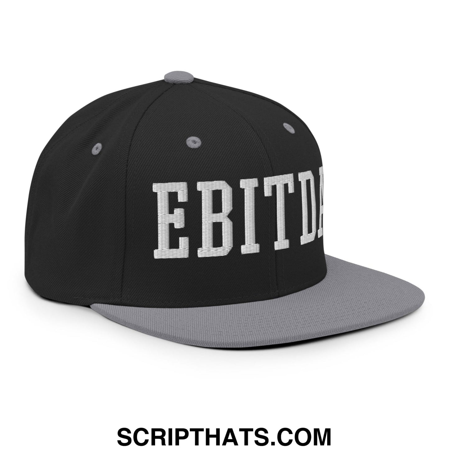 Black and gray snapback hat with white embroidered ebitda lettering and flat bill brim design