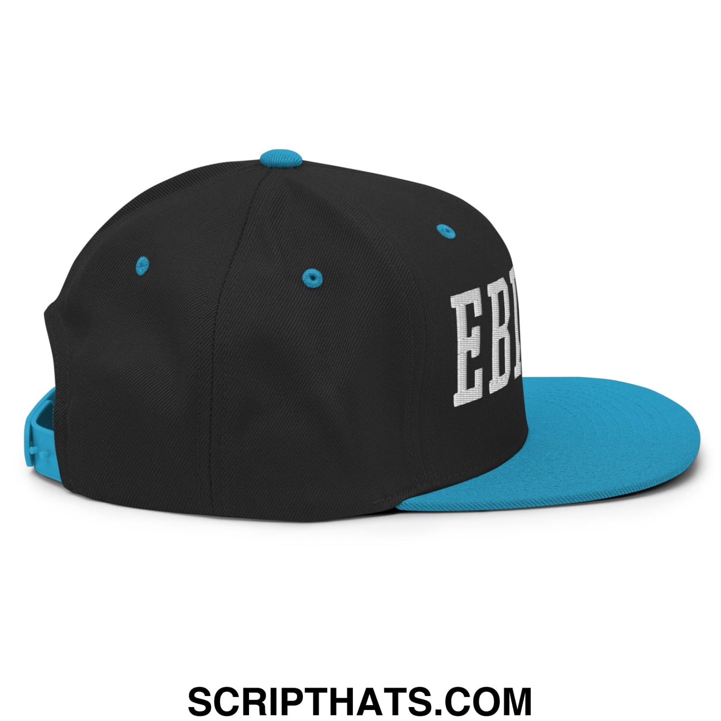 Black and teal EBITDA embroidered flat bill snapback hat with white lettering on the side