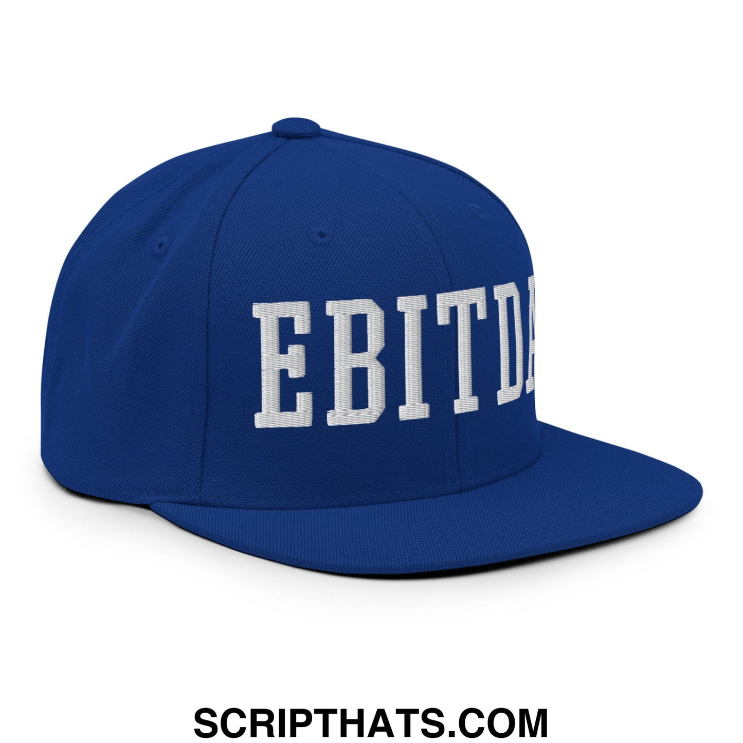 Royal blue snapback hat with white embroidered ebitda lettering and a flat bill brim for casual wear