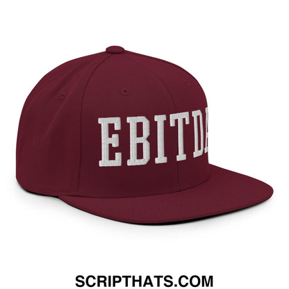 Maroon flat bill brim snapback hat with white embroidered ebitda lettering for casual wear