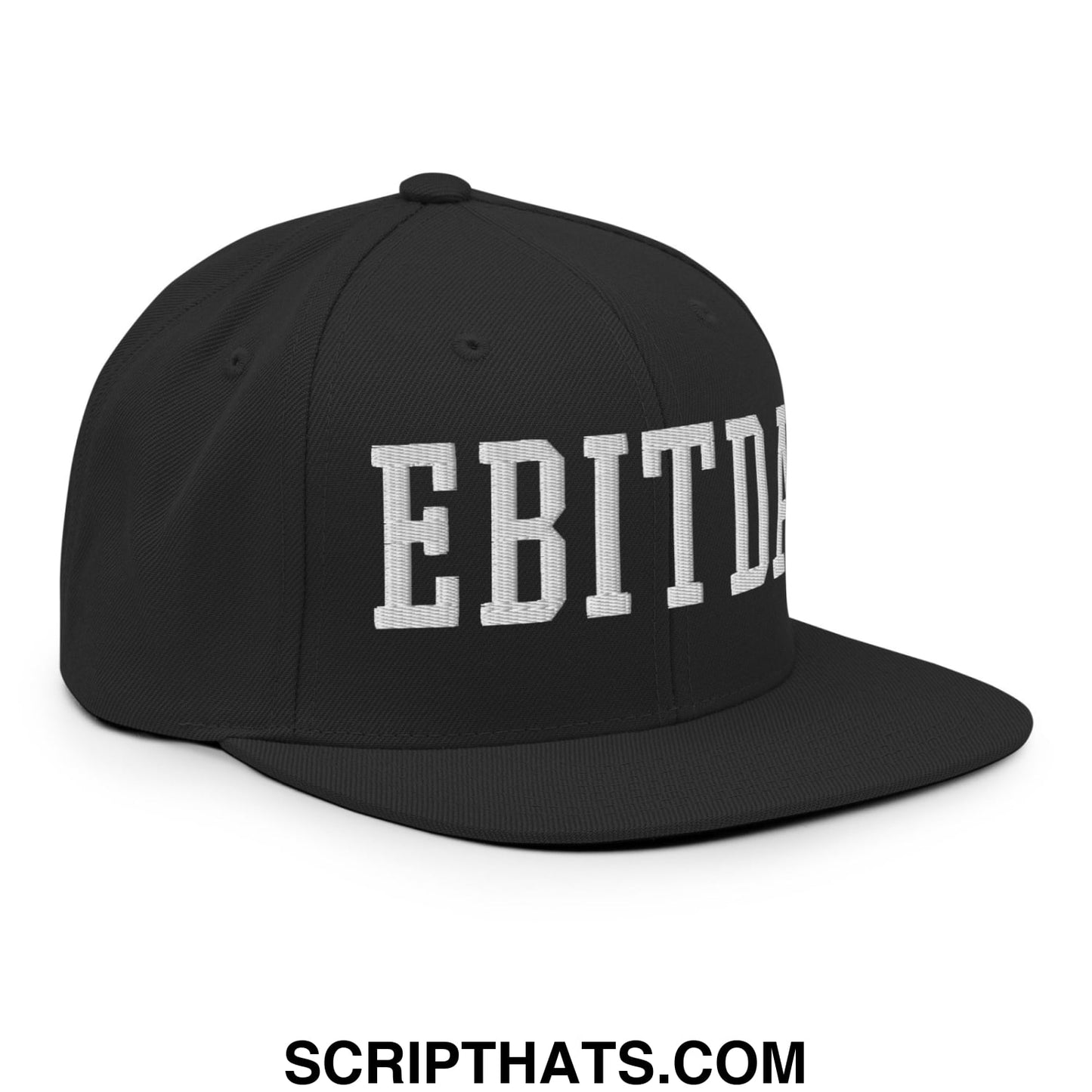 Black snapback cap with white embroidered ebitda lettering on flat bill brim for casual streetwear use