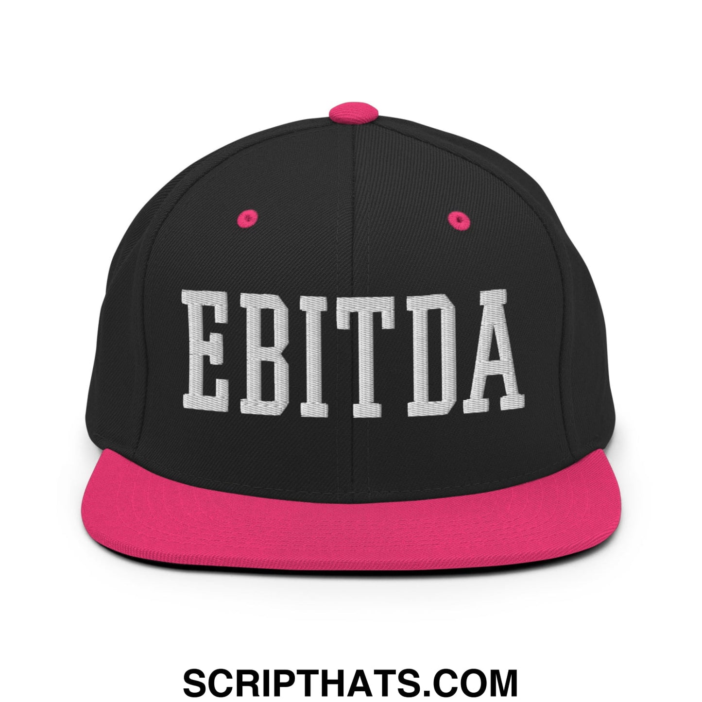 Black snapback cap with vibrant pink brim and white embroidered ebitda lettering EBITDA embroidered flat bill brim hat
