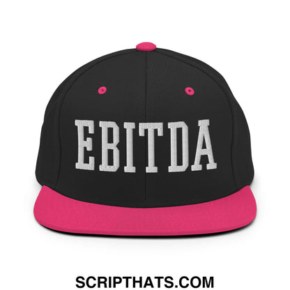 Black snapback cap with vibrant pink brim and white embroidered ebitda lettering EBITDA embroidered flat bill brim hat