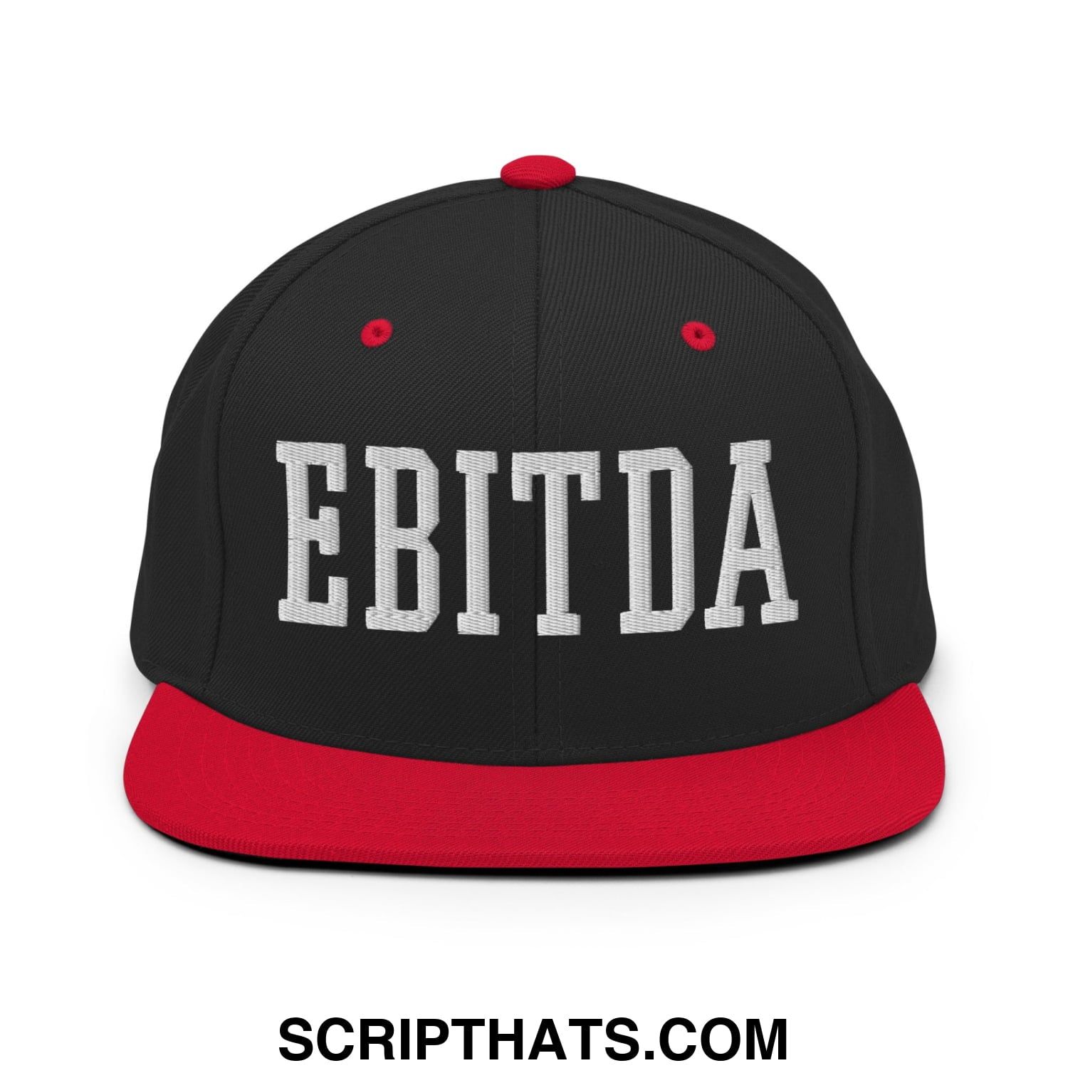 Black and red snapback hat with white embroidered ebitda lettering and a flat bill brim design