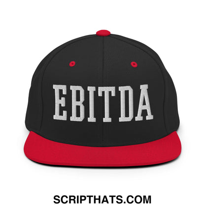 Black and red snapback hat with white embroidered ebitda lettering and a flat bill brim design